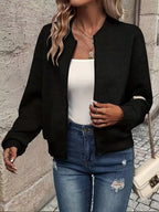 Black Women's Cropped Quilted Bomber Jacket with Zip-Up Front & Ribbed Trim