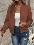 Dark Brown Women's Cropped Quilted Bomber Jacket with Zip-Up Front & Ribbed Trim