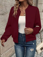 Dark Red Women's Cropped Quilted Bomber Jacket with Zip-Up Front & Ribbed Trim