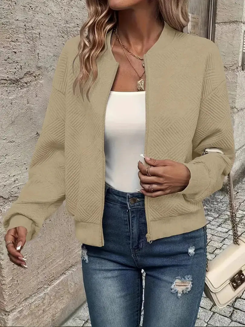 Khaki Women's Cropped Quilted Bomber Jacket with Zip-Up Front & Ribbed Trim