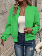 Olive Green Women's Cropped Quilted Bomber Jacket with Zip-Up Front & Ribbed Trim — Hailey - Front View Bright Color