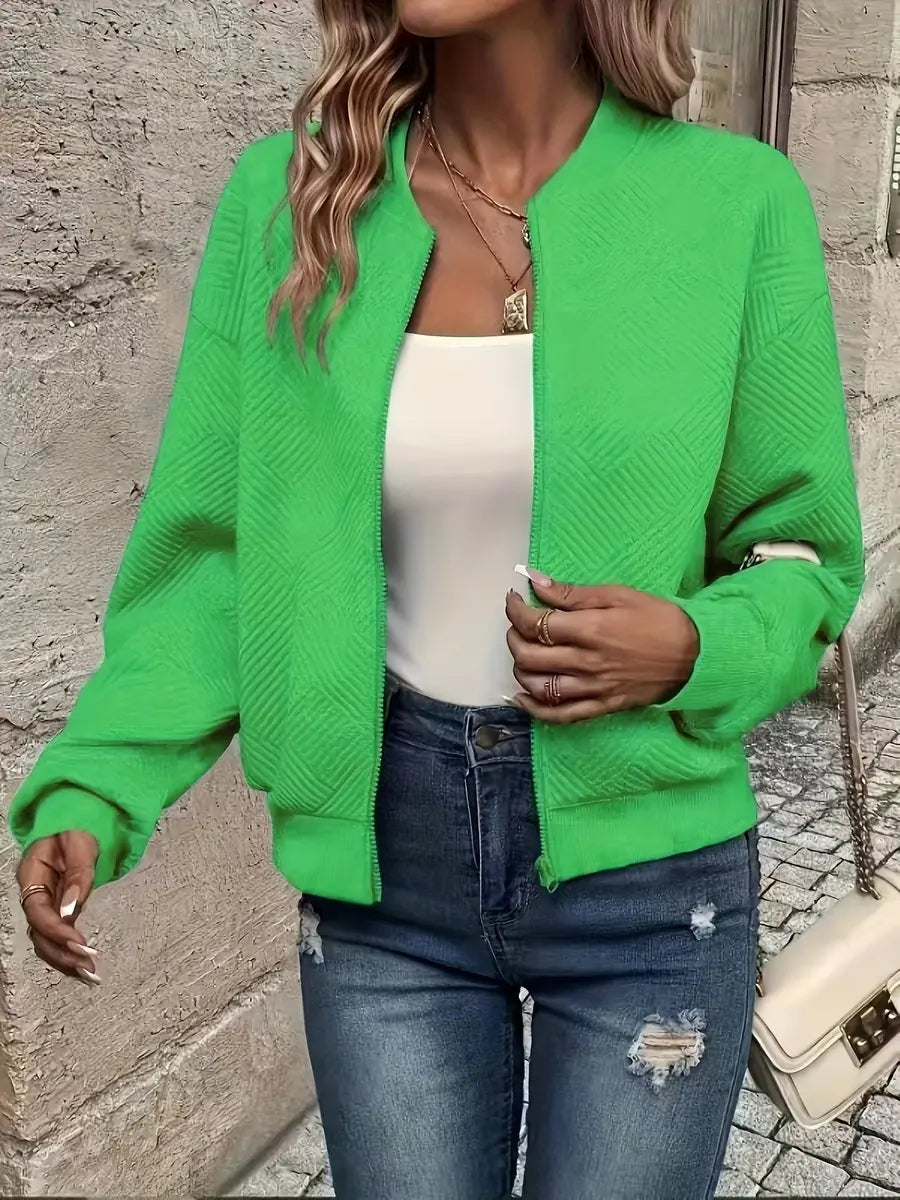 Olive Green Women's Cropped Quilted Bomber Jacket with Zip-Up Front & Ribbed Trim — Hailey - Front View Bright Color