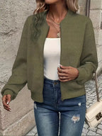 Olive Green Women's Cropped Quilted Bomber Jacket with Zip-Up Front & Ribbed Trim