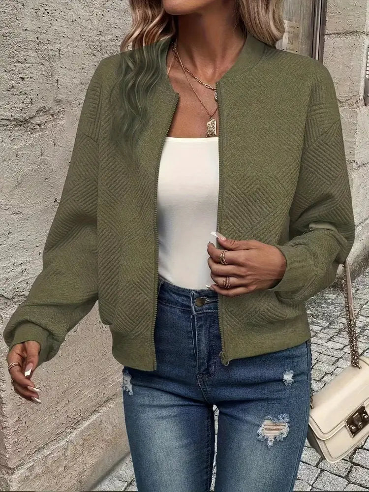 Olive Green Women's Cropped Quilted Bomber Jacket with Zip-Up Front & Ribbed Trim