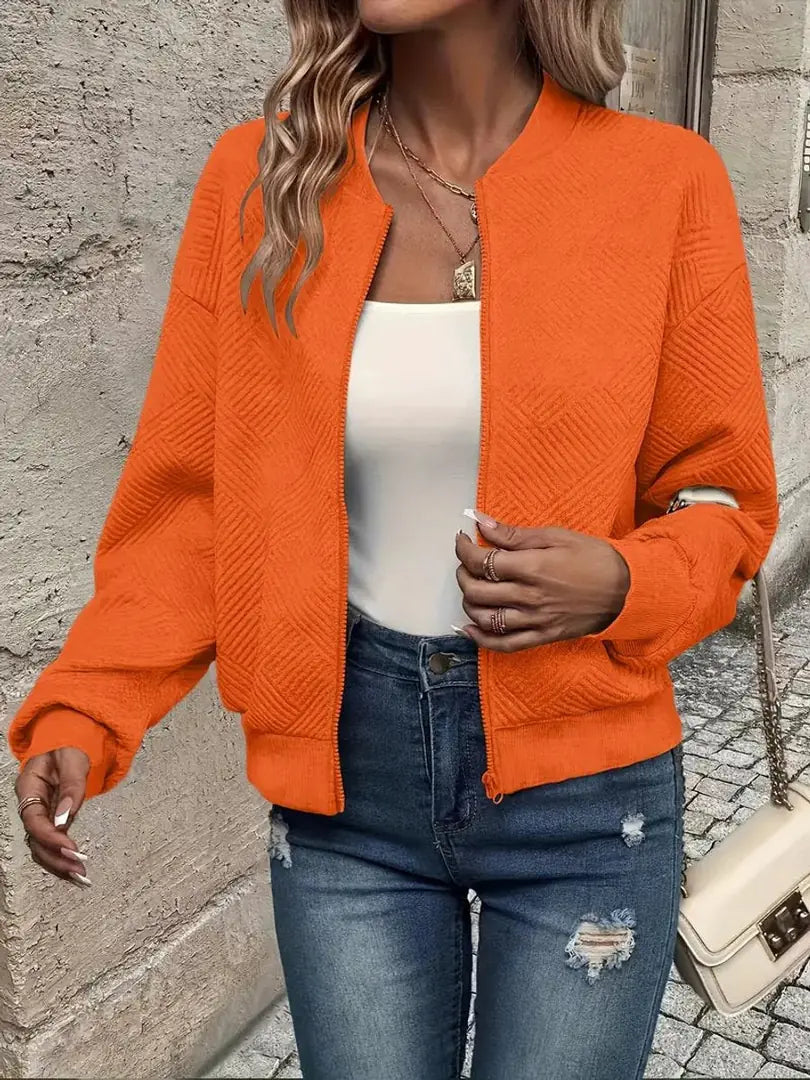 Orange Women's Cropped Quilted Bomber Jacket with Zip-Up Front & Ribbed Trim — Hailey - Front View Repeat