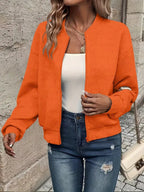 Orange Women's Cropped Quilted Bomber Jacket with Zip-Up Front & Ribbed Trim