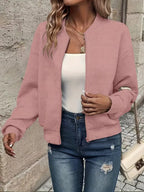 Pink Women's Cropped Quilted Bomber Jacket with Zip-Up Front & Ribbed Trim