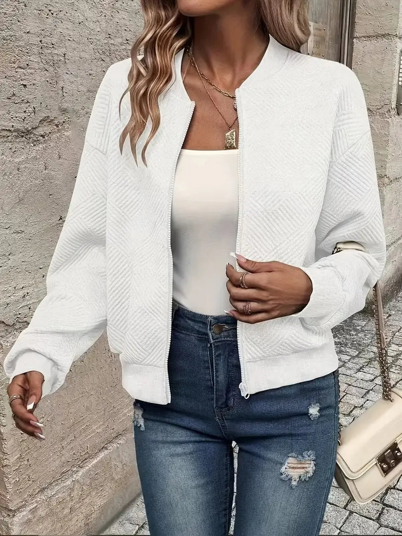White Women's Cropped Quilted Bomber Jacket with Zip-Up Front & Ribbed Trim