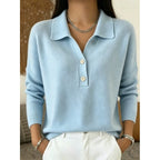 Blue Women's Polo Collar Sweater with Button-Front Placket & Relaxed Fit