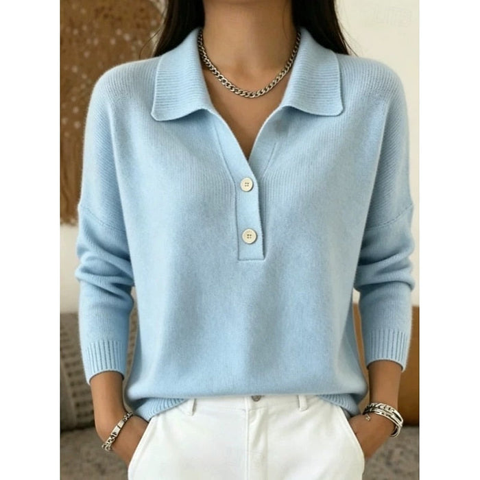 Blue Women's Polo Collar Sweater with Button-Front Placket & Relaxed Fit