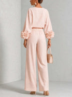 Women's Floral Cuff Set with Balloon Sleeves & Wide-Leg Pants - Back Full View