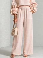 Women's Floral Cuff Set with Balloon Sleeves & Wide-Leg Pants - Hand Pocket Detail