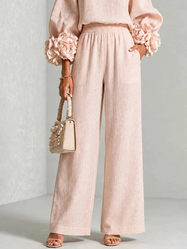 Women's Floral Cuff Set with Balloon Sleeves & Wide-Leg Pants - Hand Pocket Detail