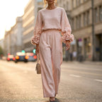 Pink Women's Floral Cuff Set with Balloon Sleeves & Wide-Leg Pants - Outdoor Street Front