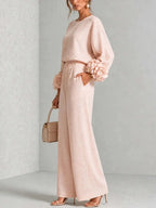 Women's Floral Cuff Set with Balloon Sleeves & Wide-Leg Pants - Side Profile Pose