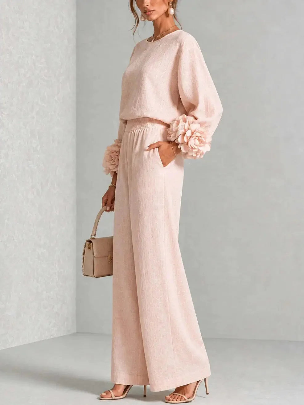 Women's Floral Cuff Set with Balloon Sleeves & Wide-Leg Pants - Side Profile Pose