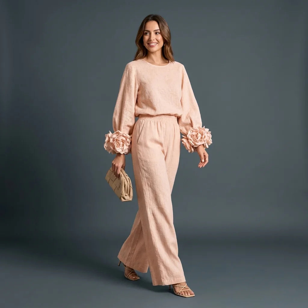 Women's Floral Cuff Set with Balloon Sleeves & Wide-Leg Pants - Studio Front Smile