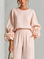 Women's Floral Cuff Set with Balloon Sleeves & Wide-Leg Pants
