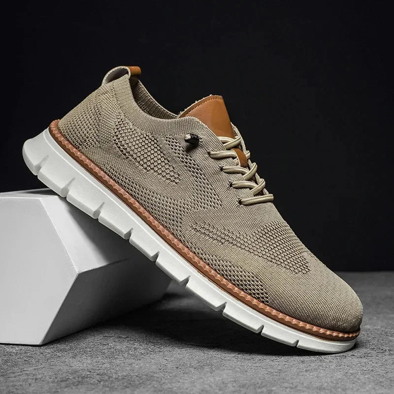 Beige Men's Comfortable Shoes for Men — Edmund Cushioned Breathable Sneakers - Studio Angled Front