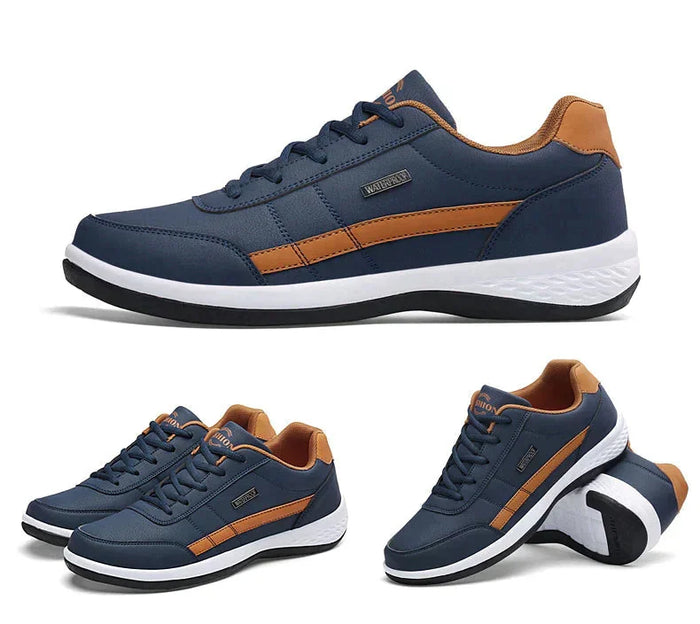 Blue Men's Cushioned Lace-Up Sneakers with Padded Heel Support - Side Profile Collage