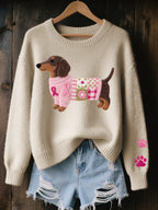 Beige Women's Printed Sweater with Crochet Patchwork Detail