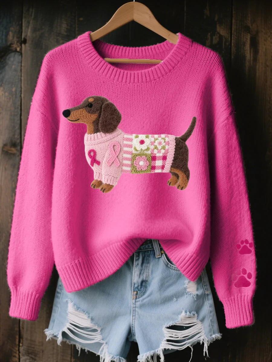 Dark Pink Women's Printed Sweater with Crochet Patchwork Detail - Flat Lay Front