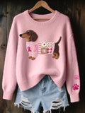Pink Women's Printed Sweater with Crochet Patchwork Detail