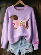 Purple Women's Printed Sweater with Crochet Patchwork Detail