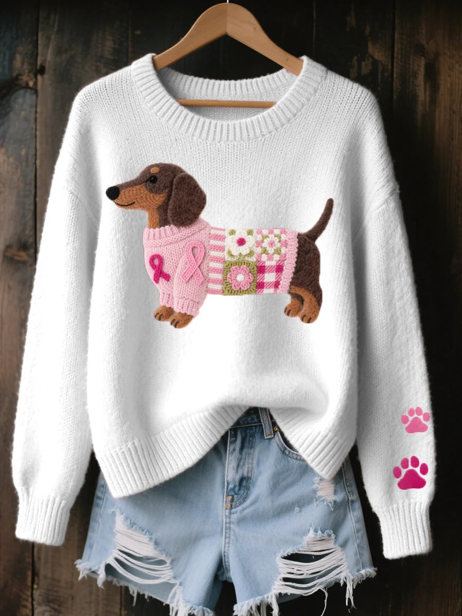 White Women's Printed Sweater with Crochet Patchwork Detail — Daphne
