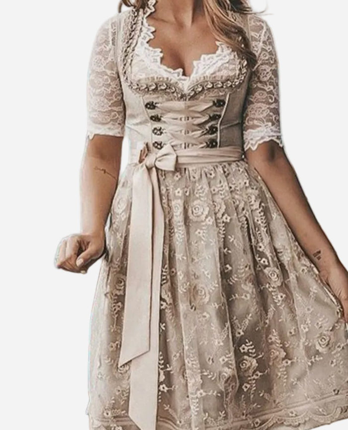 Beige Women's Beige Dirndl Dress with Lace Bodice & Floral Embroidered Skirt
