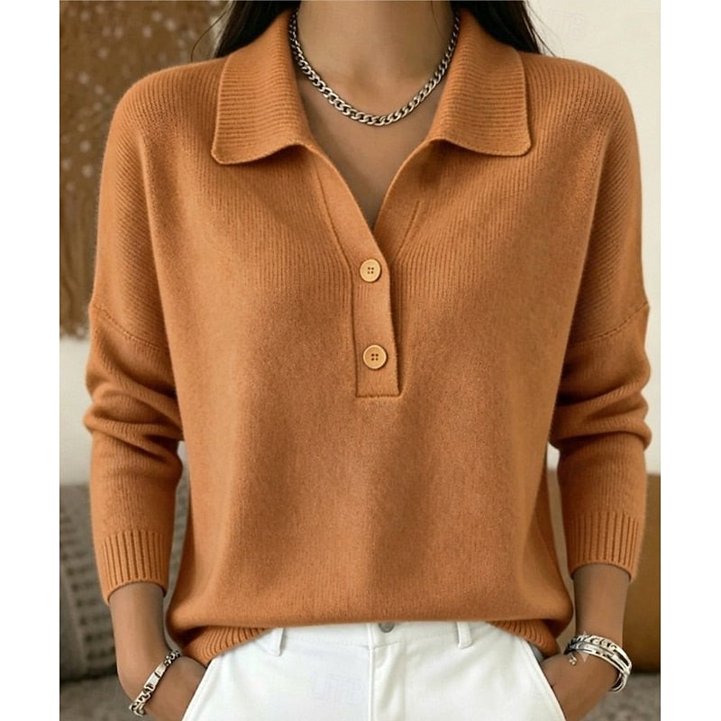 Light Brown Women's Polo Collar Sweater with Button-Front Placket & Relaxed Fit