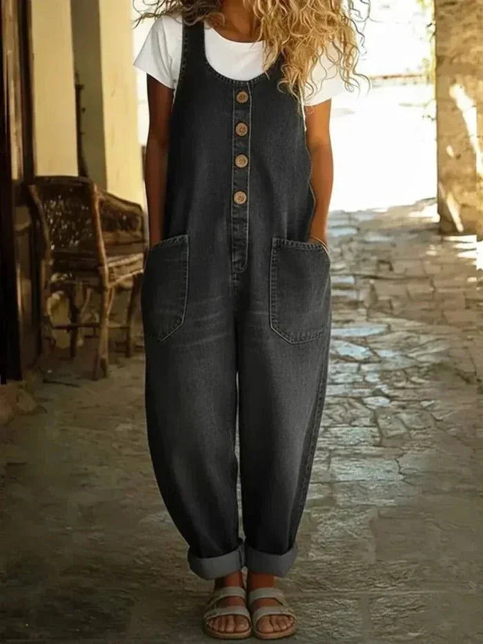 Black Sleeveless Ladies Denim Overalls — Andie Relaxed-Fit Button-Front Pockets - Worn Lifestyle