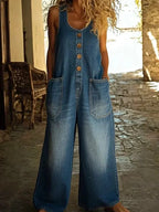 Blue Sleeveless Ladies Denim Overalls — Andie Relaxed-Fit Button-Front Pockets - Close Up Buttons