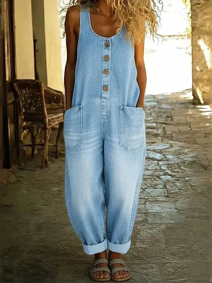Light Blue Sleeveless Ladies Denim Overalls — Andie Relaxed-Fit Button-Front Pockets - Front Full