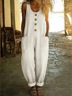 White Sleeveless Ladies Denim Overalls — Andie Relaxed-Fit Button-Front Pockets - Outdoor Pose