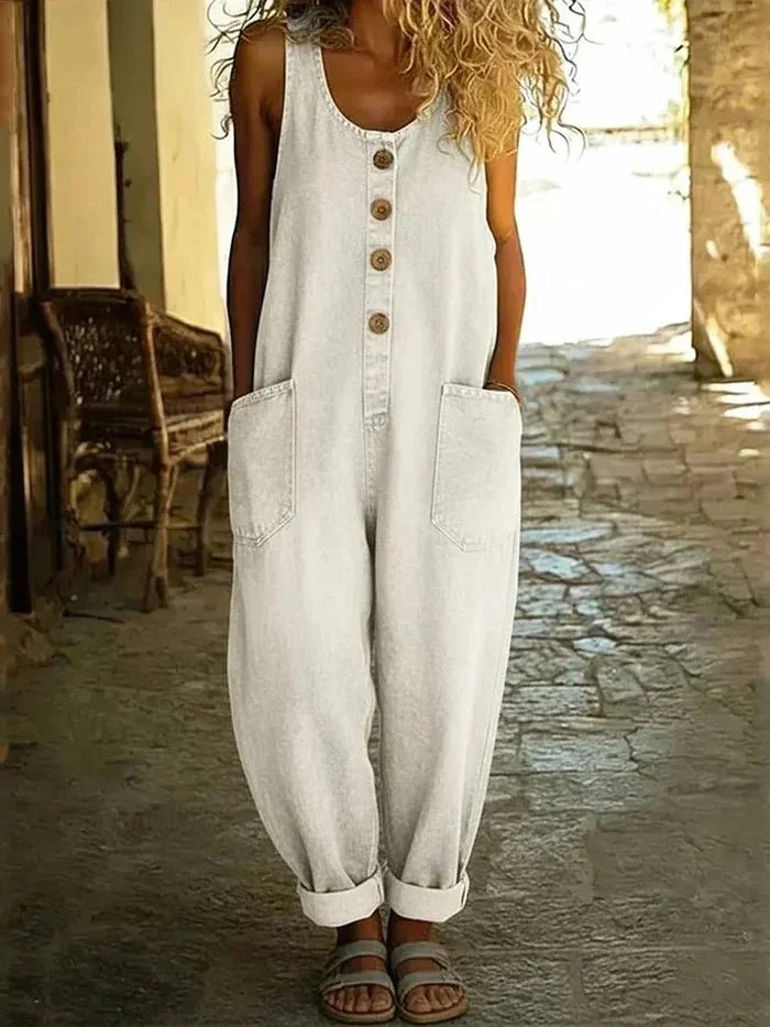 White Sleeveless Ladies Denim Overalls — Andie Relaxed-Fit Button-Front Pockets - Outdoor Pose