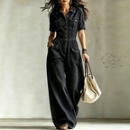 Black Women's Denim Wide Leg Jumpsuit with Button Front & Chest Pockets — Aurora