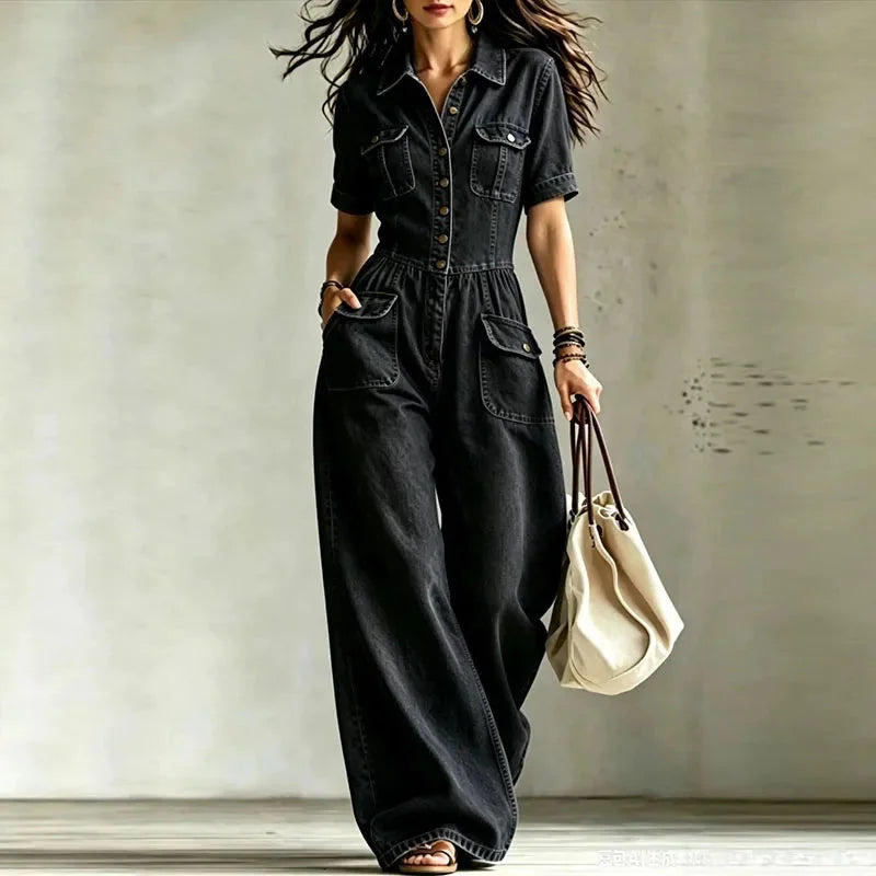 Black Women's Denim Wide Leg Jumpsuit with Button Front & Chest Pockets — Aurora