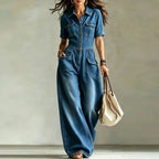 Blue Women's Denim Wide Leg Jumpsuit with Button Front & Chest Pockets — Aurora