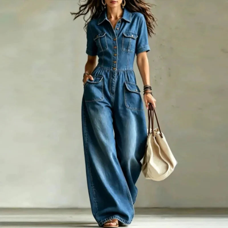 Blue Women's Denim Wide Leg Jumpsuit with Button Front & Chest Pockets — Aurora