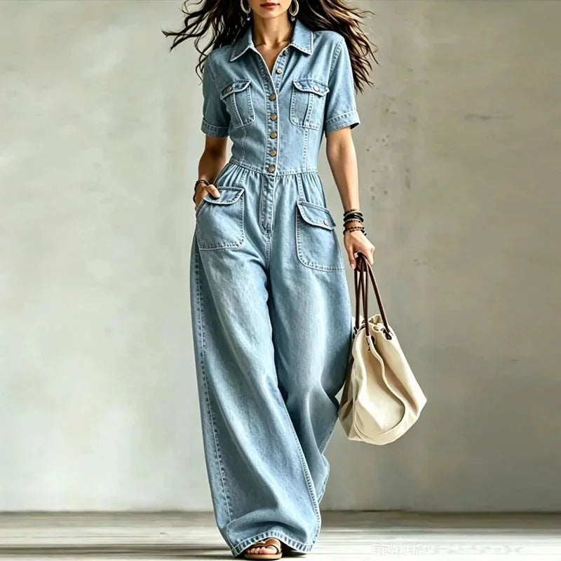 Light Blue Women's Denim Wide Leg Jumpsuit with Button Front & Chest Pockets — Aurora