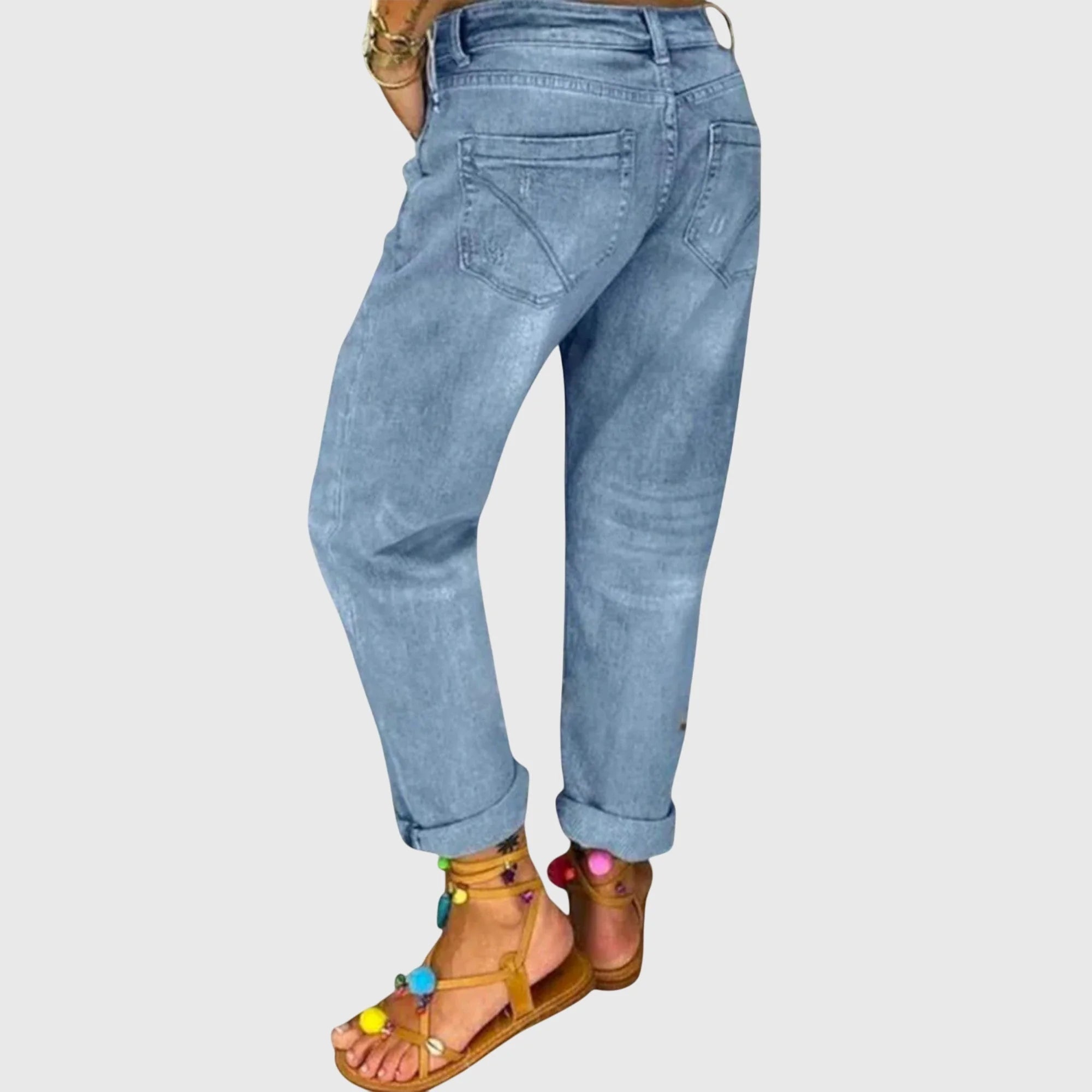 Light Blue Women's Blue Distressed Boyfriend Jeans — Philomena Relaxed-Fit High-Waisted - Back Detail