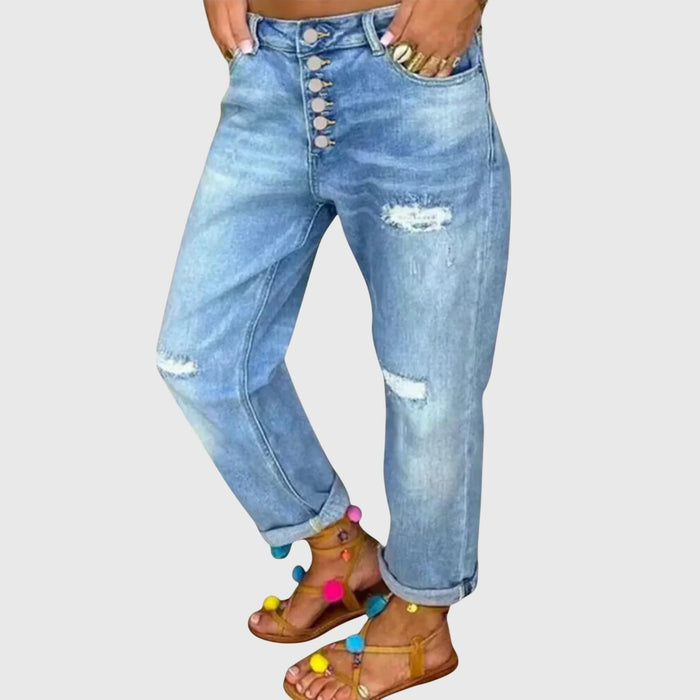 Light Blue Blue Women's Blue Distressed Boyfriend Jeans — Philomena Relaxed-Fit High-Waisted - Front Full