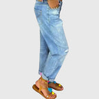 Light Blue Women's Blue Distressed Boyfriend Jeans — Philomena Relaxed-Fit High-Waisted - Side Pose