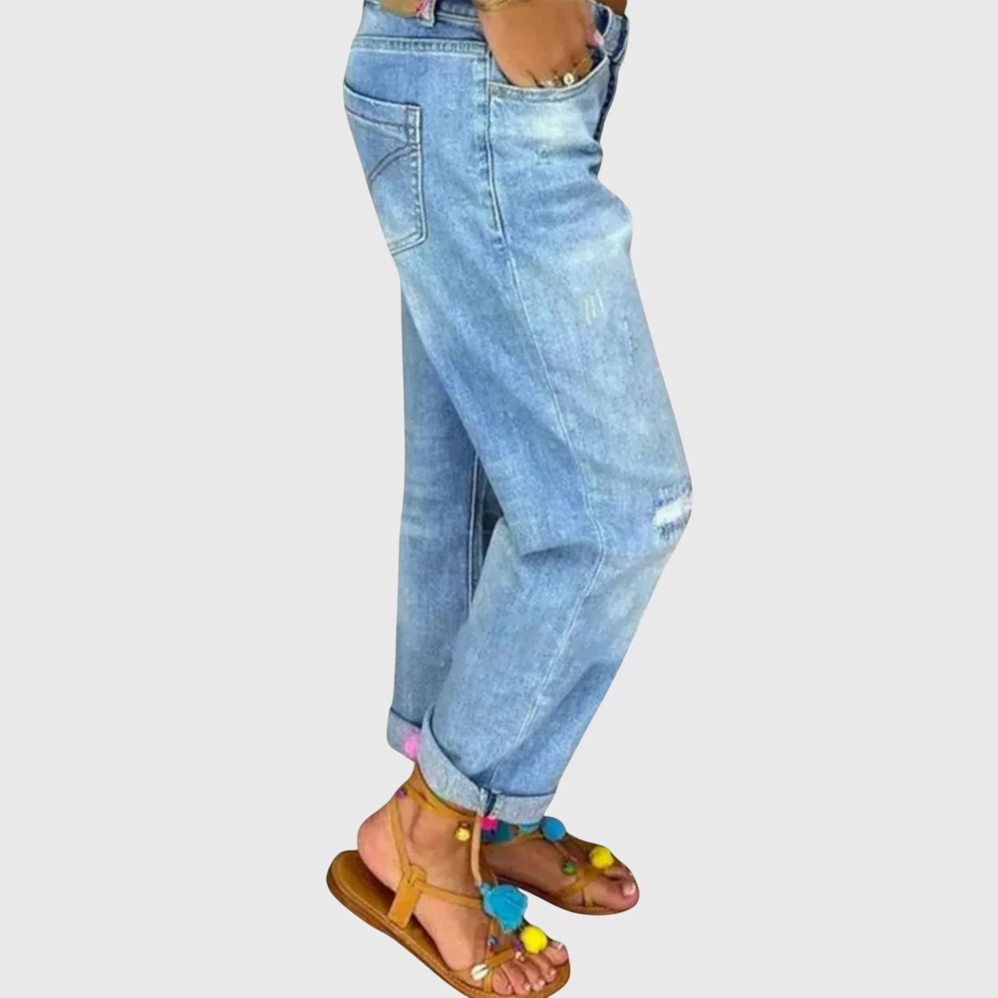 Light Blue Women's Blue Distressed Boyfriend Jeans — Philomena Relaxed-Fit High-Waisted - Side Pose