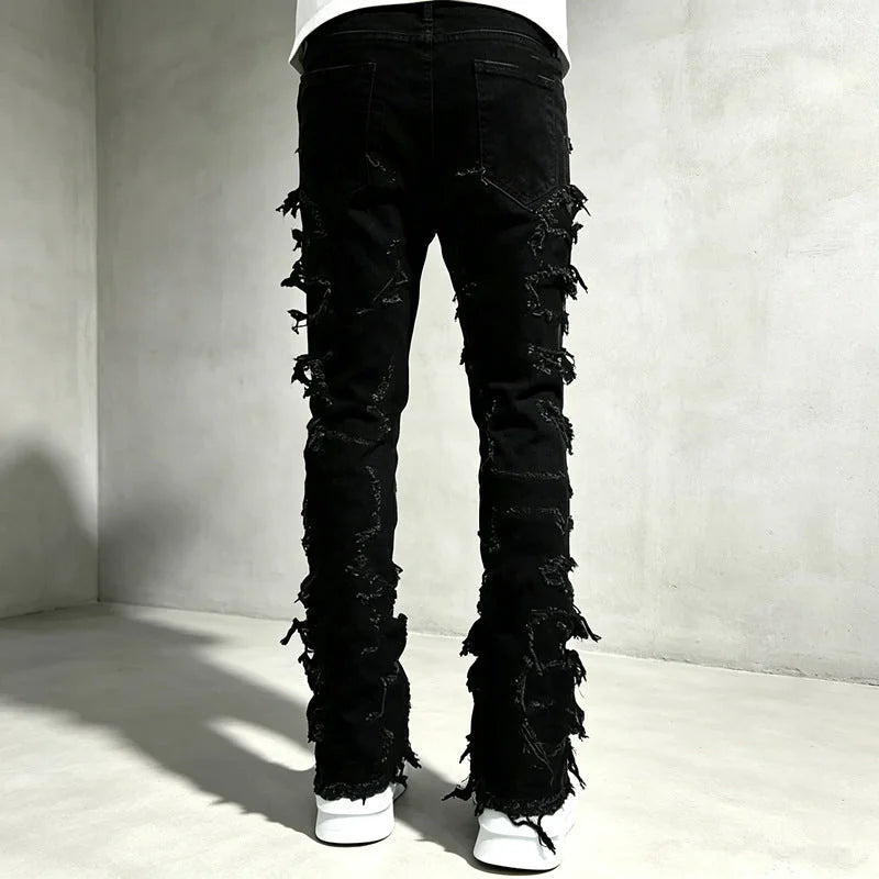 Black Men's Ripped Skinny Jeans with Stretch Denim & Stacked Fit - Back Full