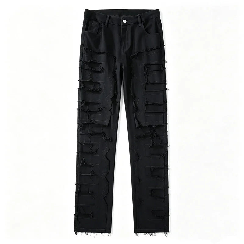 Black Men's Ripped Skinny Jeans with Stretch Denim & Stacked Fit - Flat Lay Studio