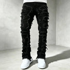 Black Men's Ripped Skinny Jeans with Stretch Denim & Stacked Fit - Front Closeup