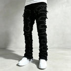 Black Men's Ripped Skinny Jeans with Stretch Denim & Stacked Fit - Front Detail