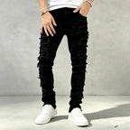 Black Men's Ripped Skinny Jeans with Stretch Denim & Stacked Fit - Front Standing